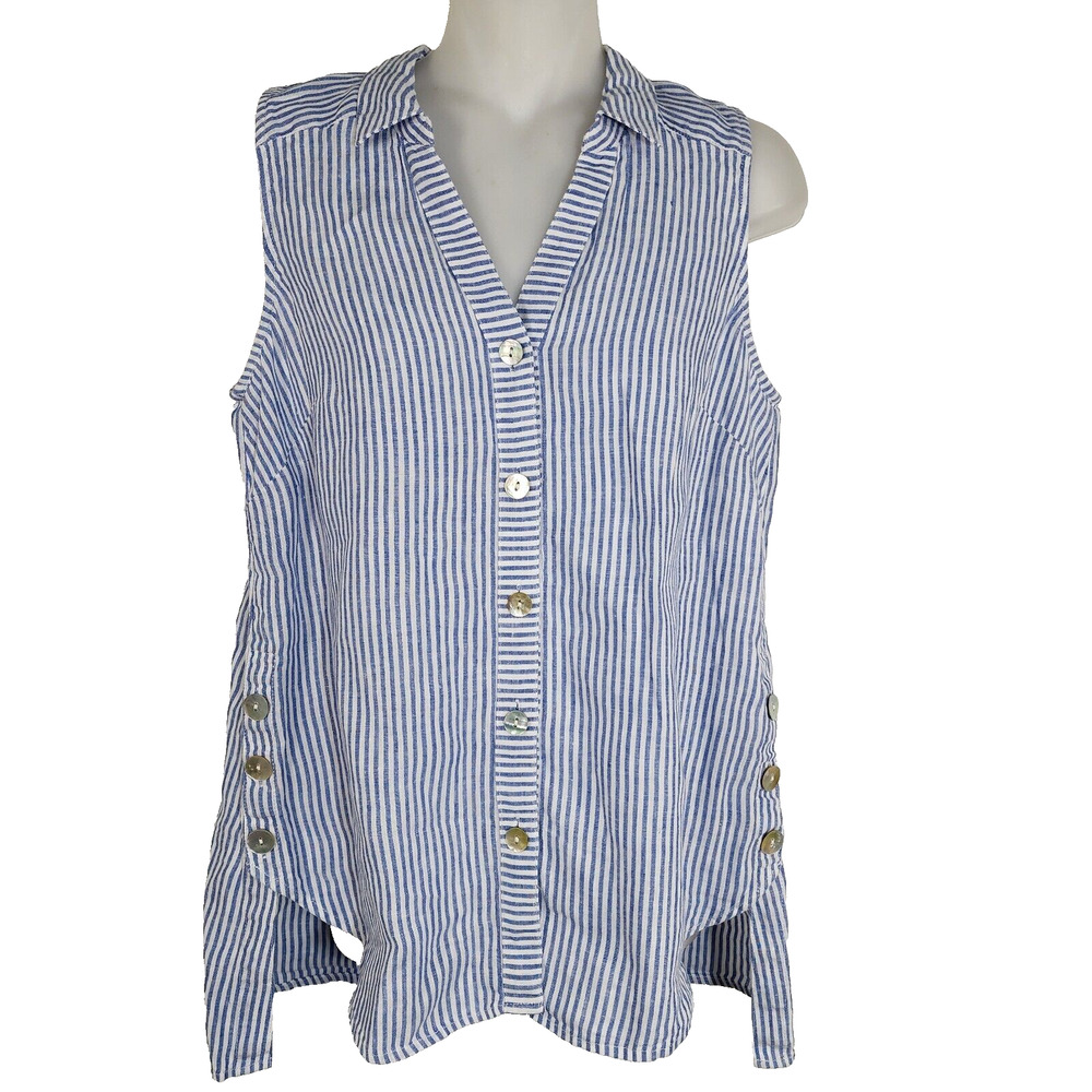 J Jill Love Linen Women's Top XS Petite Sleeveless Blue White Striped Button Up